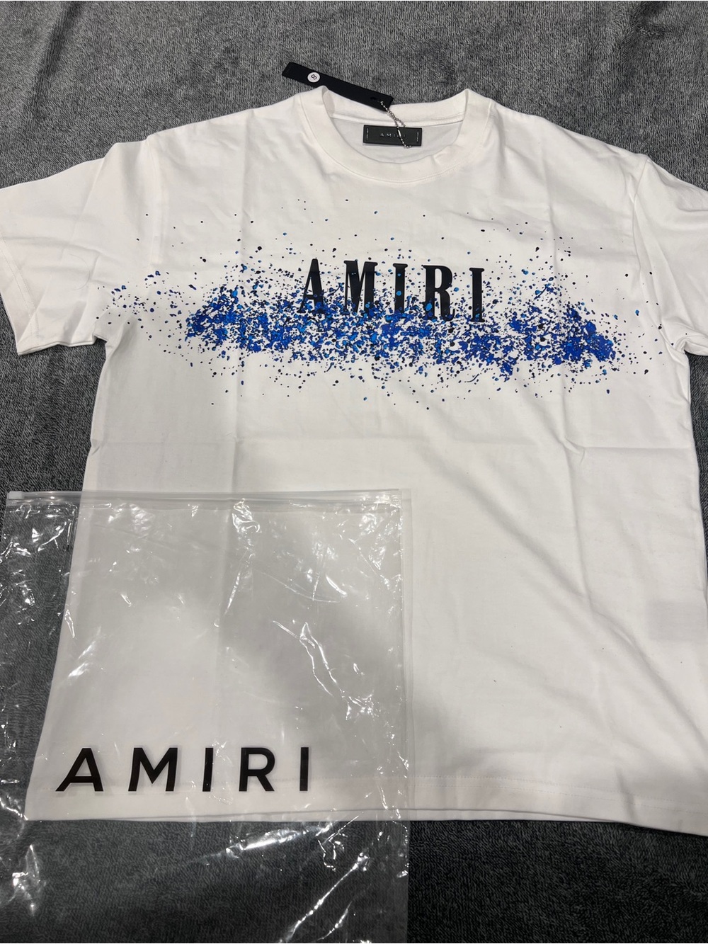 AMIRI White Tee with Blue Splatter Logo